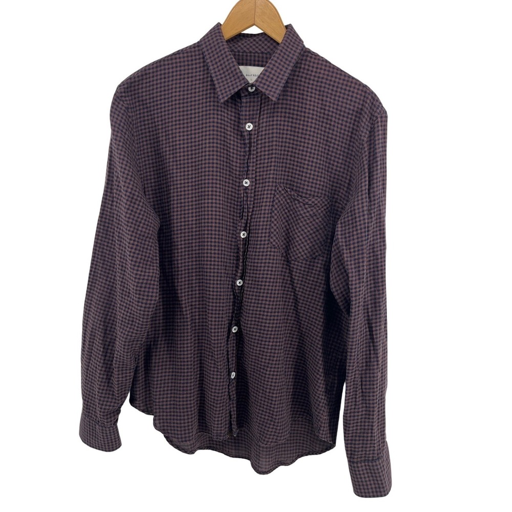 Billy Reid Shirt Brown Navy Gingham Slim Fit Cotton Mens Large